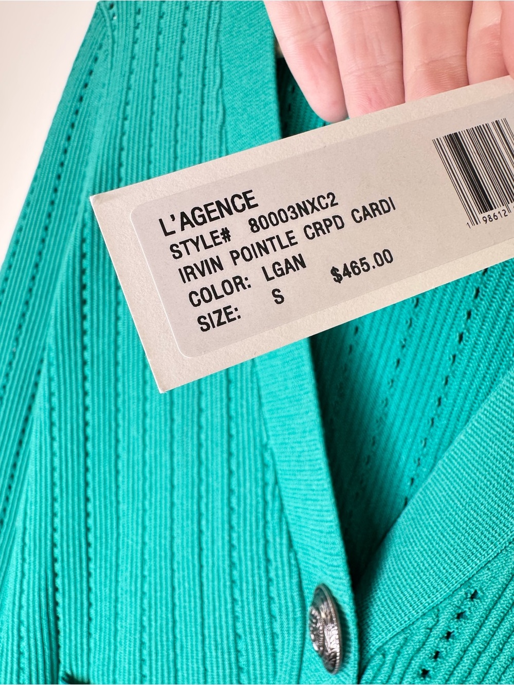 NWT ✨L'AGENCE Teal Ribbed V-Neck Button Cardigan Irvin Pointelle Sz Small $465 - Picture 6 of 8